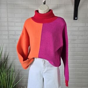 Strut and Bolt Colorblock Turtleneck Sweater in Orange and Pink Medium
